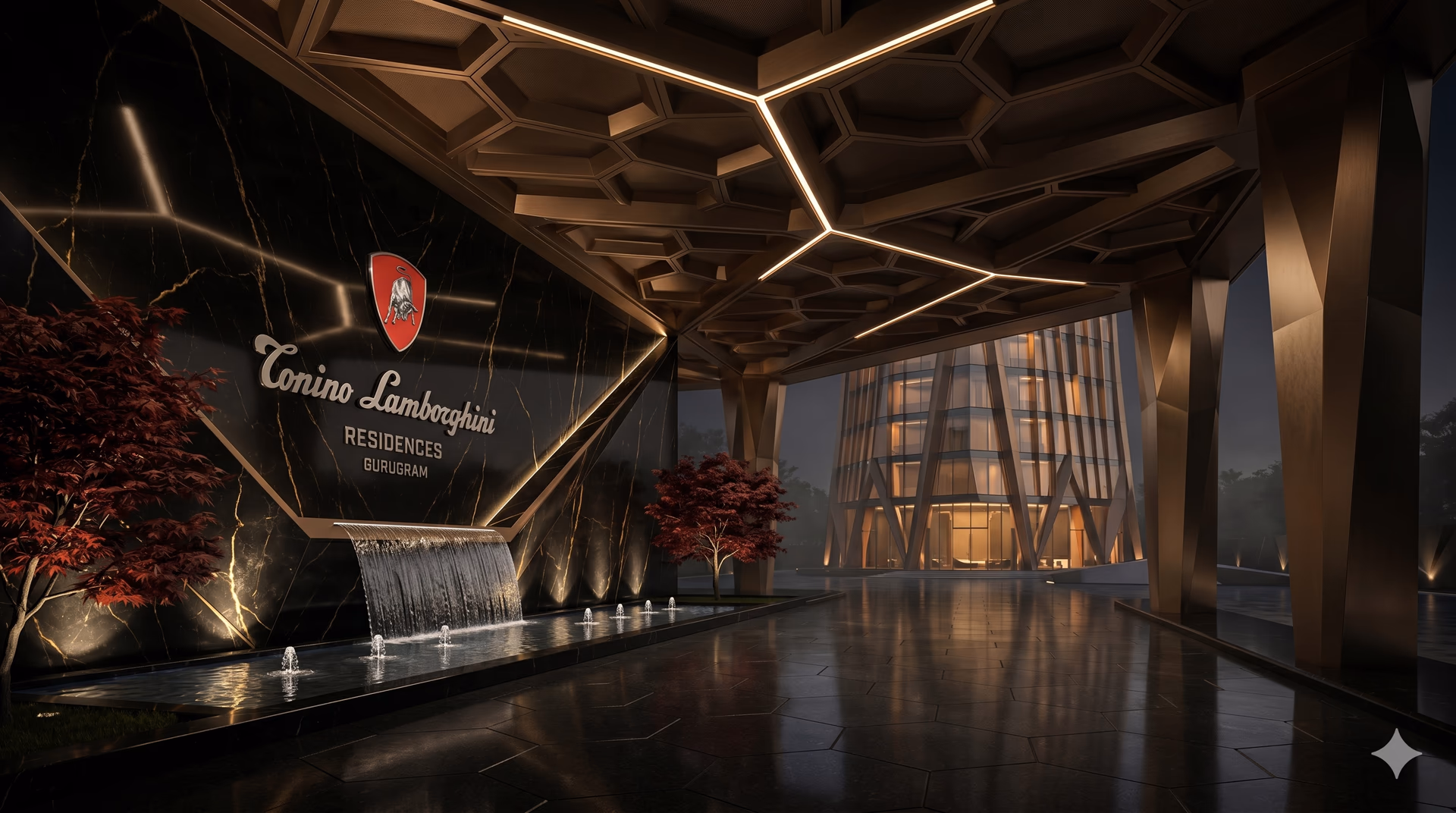Tonino Lamborghini Residences Gurugram — illuminated arrival concourse with hexagonal canopy lighting, water feature, and glowing tower beyond